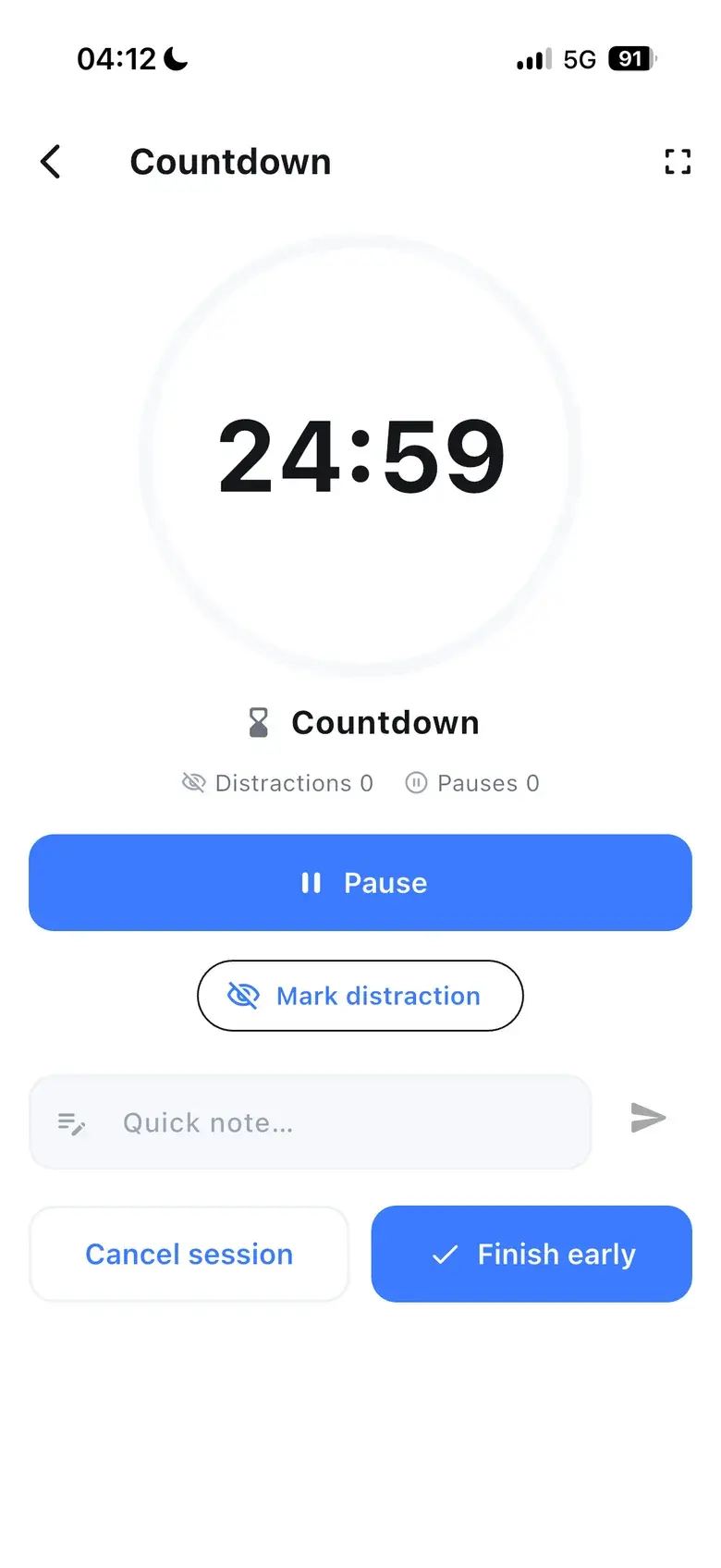Kitio Focus countdown timer running at twenty-four minutes and fifty-nine seconds.