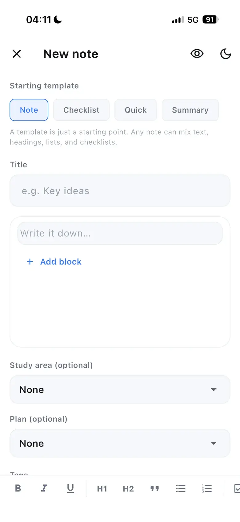 Kitio Focus note editor showing Note, Checklist, Quick and Summary starting templates with a block toolbar.