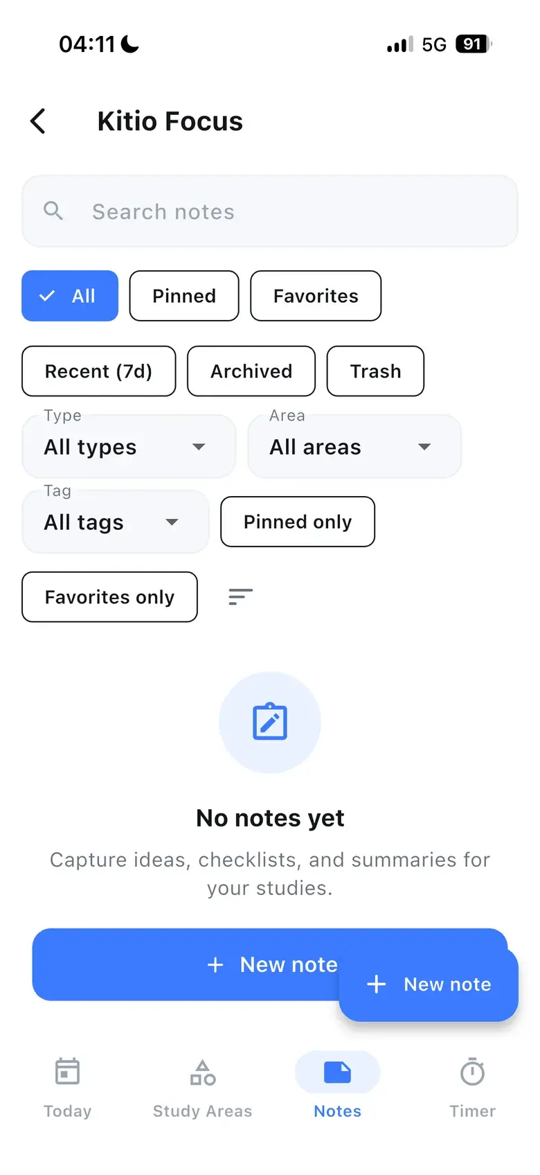 Kitio Focus notes library with filters for pinned, favourites, recent, archived and trashed notes.