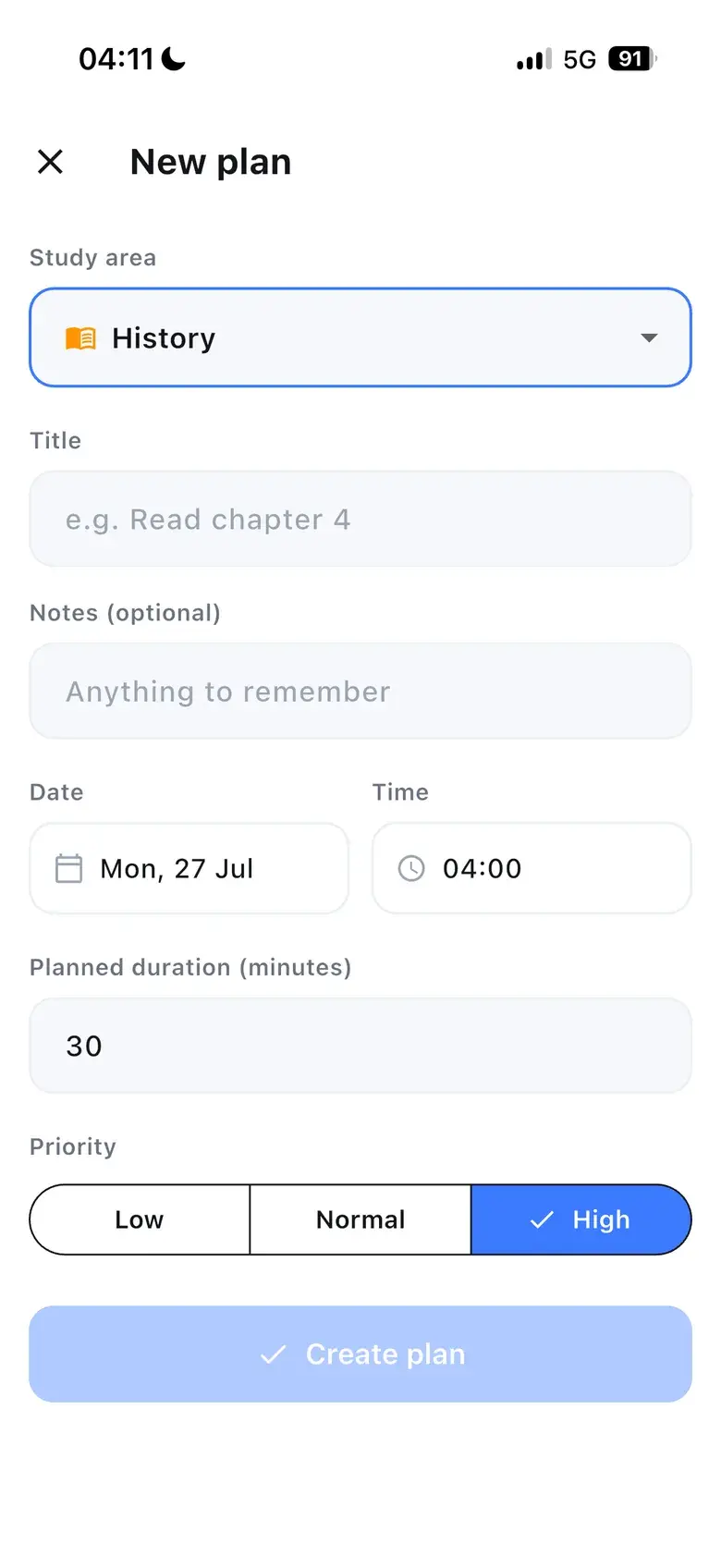 Kitio Focus new plan form with study area, title, notes, date, time, planned duration and priority.
