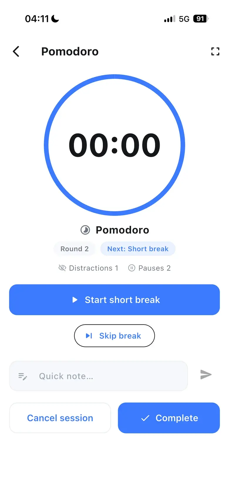 Kitio Focus Pomodoro session showing the round, the next break and distraction and pause counts.