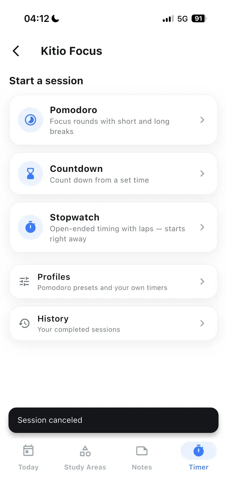 Kitio Focus timer menu offering Pomodoro, Countdown and Stopwatch alongside profiles and history.