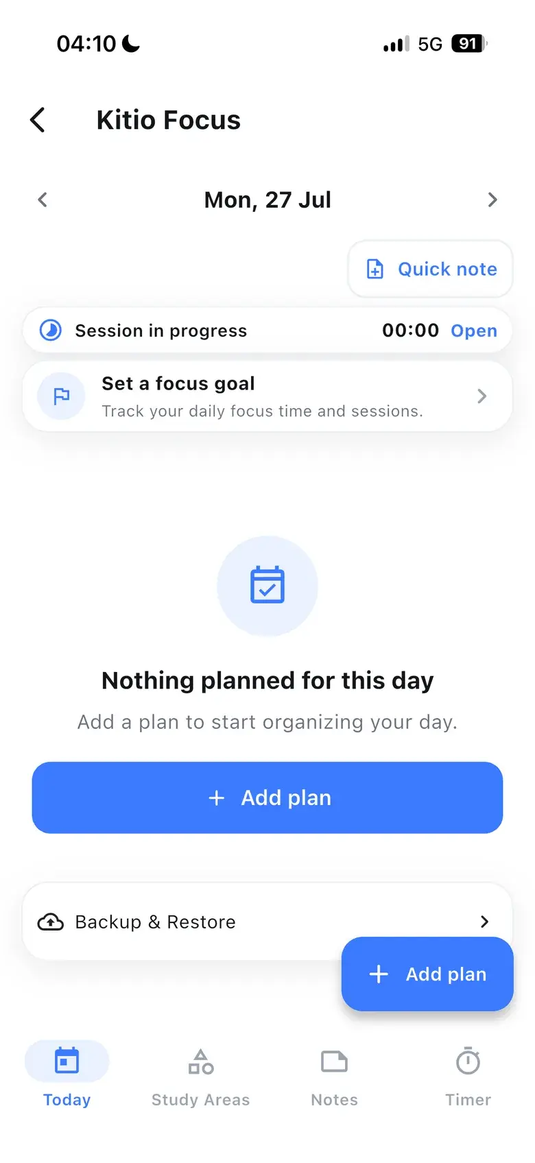 Kitio Focus Today view with the current session, a focus goal prompt and an Add plan action.