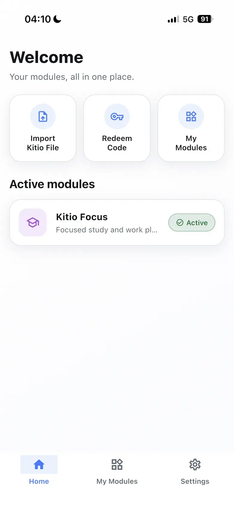 Kitio home screen showing Import Kitio File, Redeem Code and My Modules shortcuts above an active Kitio Focus module.
