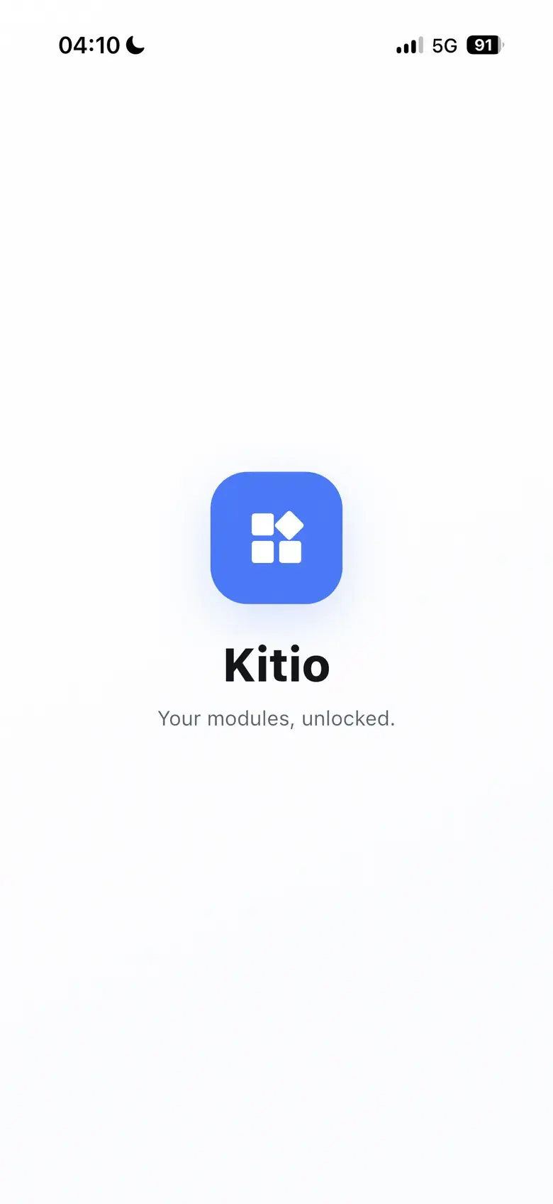 Kitio launch screen showing the app mark and the line “Your modules, unlocked.”