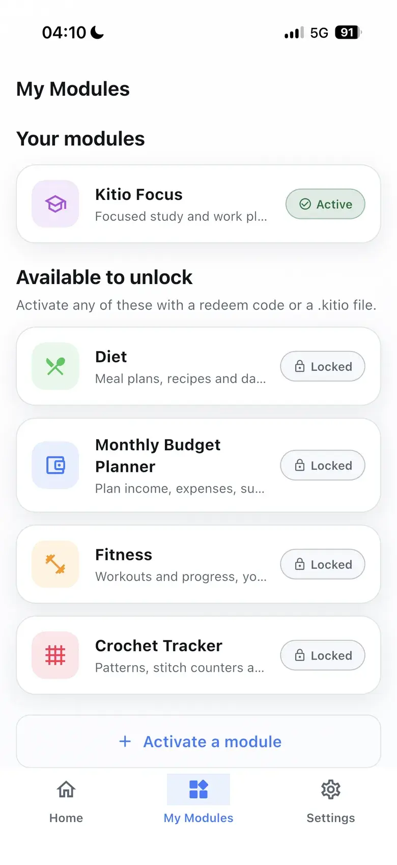Kitio My Modules screen with Kitio Focus active and Diet, Monthly Budget Planner, Fitness and Crochet Tracker available to unlock.