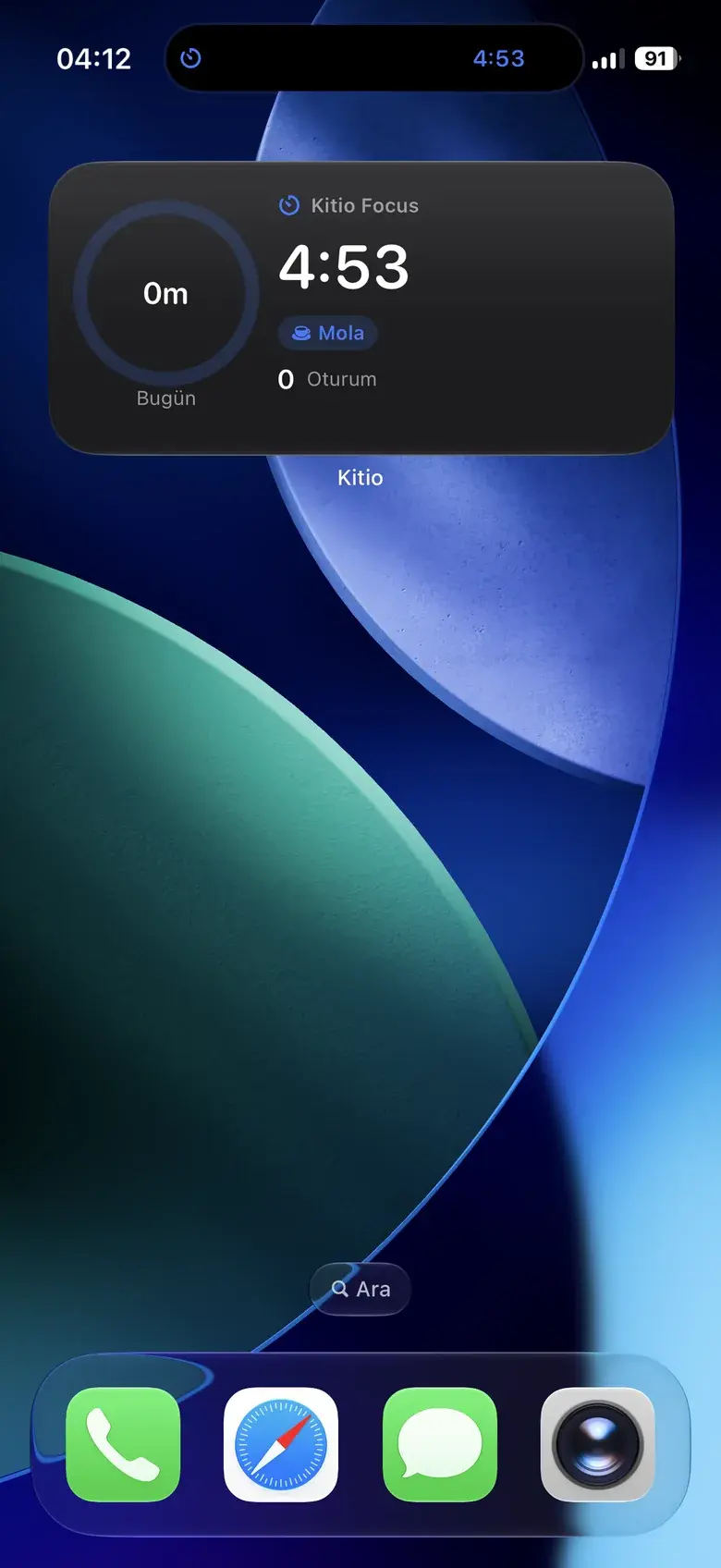 Kitio Focus home screen widget showing today's focus time and session count.